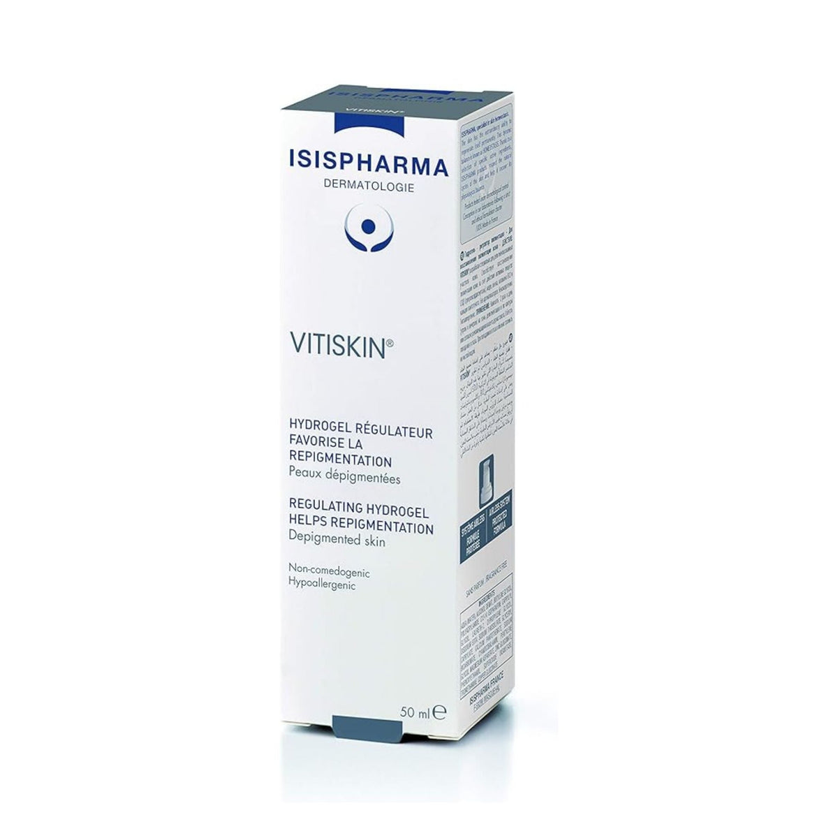 Refect Beauty Isispharma Vitiskin regulating hydrogel for skin repigmentation in a 50ml white and blue box.