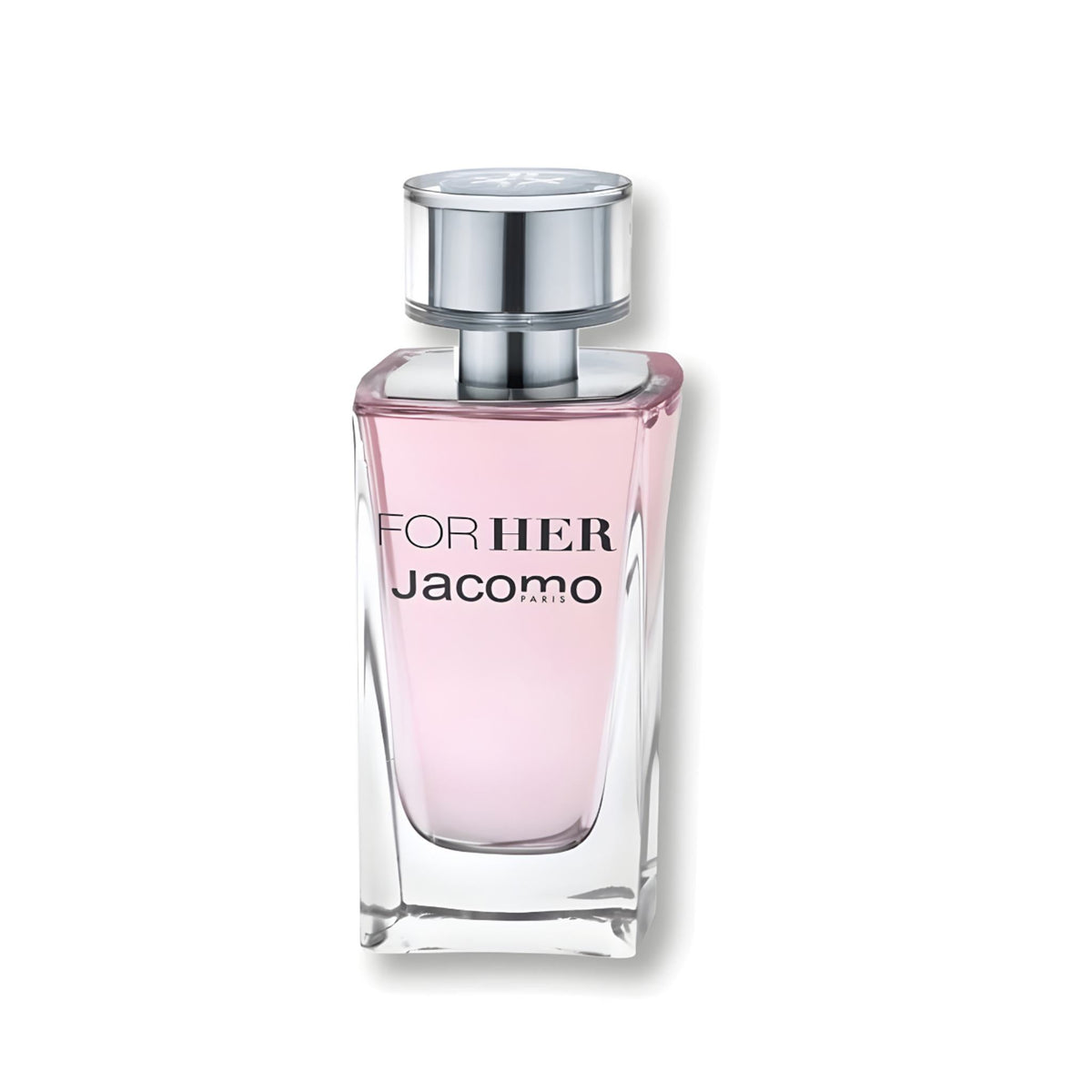 Refect Beauty Jacomo Paris For Her Eau de Parfum in a clear glass bottle with a soft pink liquid and silver cap.