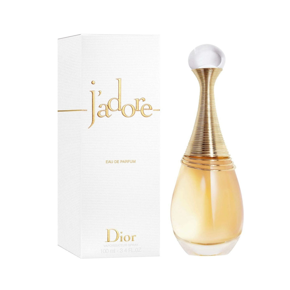 Refect Beauty J'adore by Dior Eau de Parfum bottle with its iconic gold neck and white product packaging box.