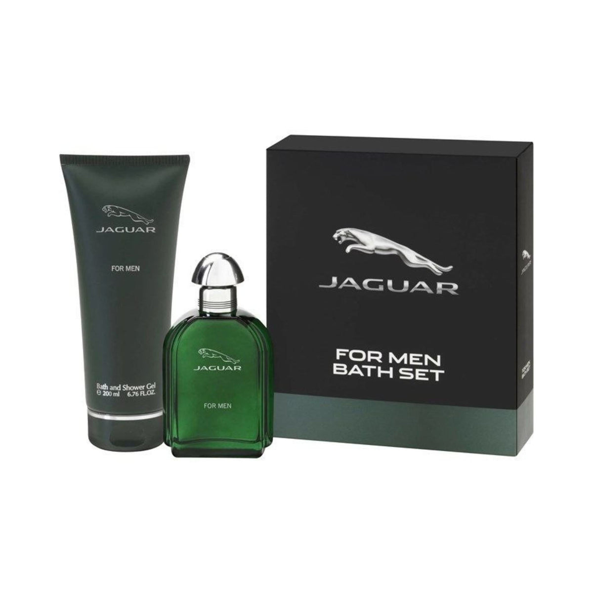Refect Beauty Jaguar Green gift set featuring a 100ml Eau de Toilette bottle, 200ml shower gel, and branded gift box.