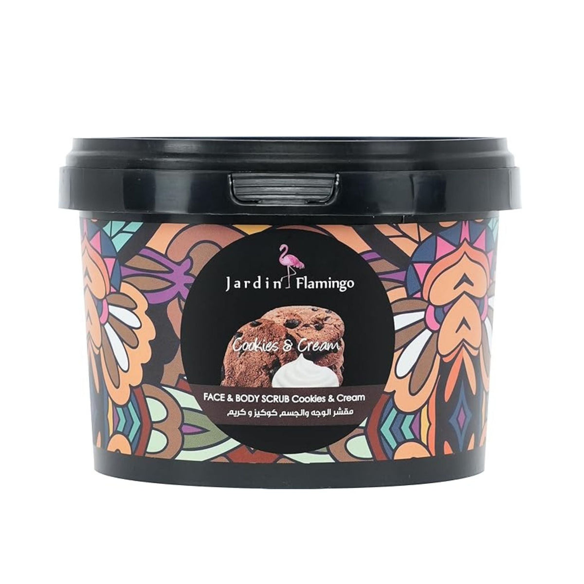 Refect Beauty Jardin Flamingo Cookies & Cream face and body scrub in a black tub with a colorful patterned label.