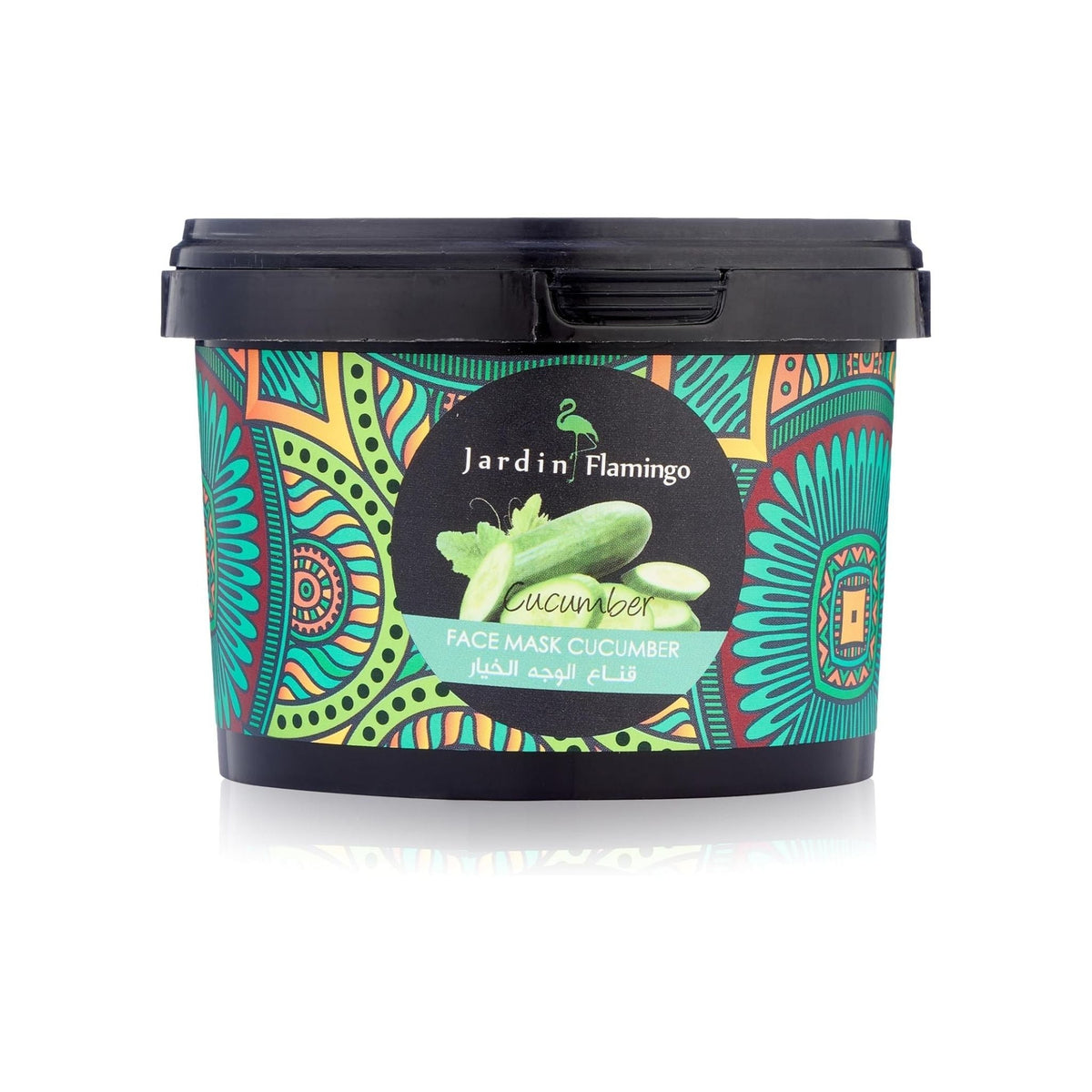 Refect Beauty Jardin Flamingo cucumber face and body scrub in a decorative tub with vibrant green and orange patterns