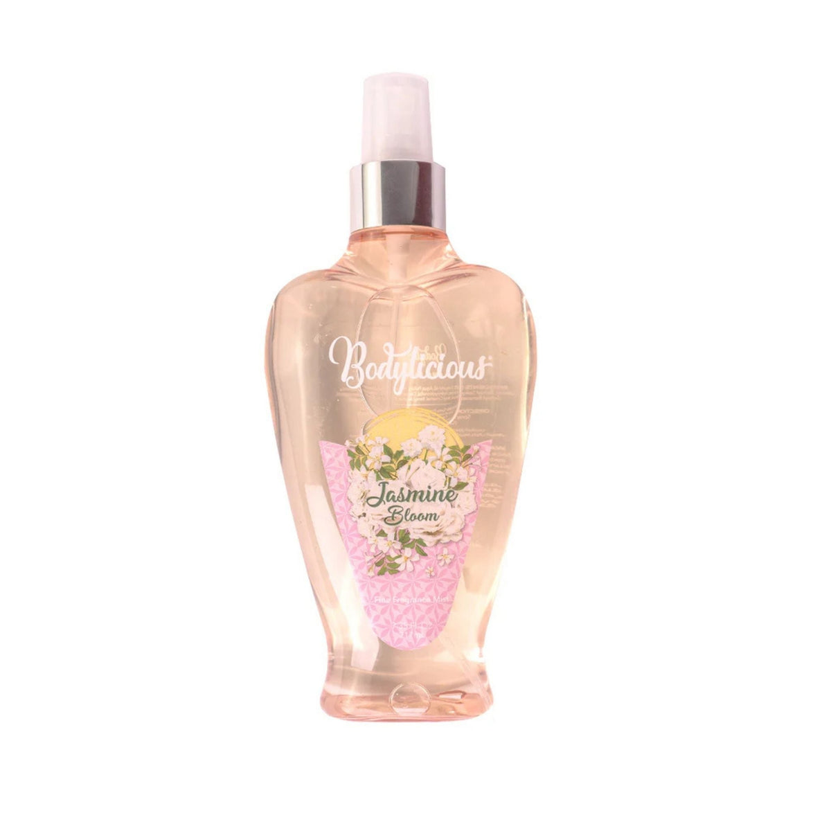 Refect Beauty Bodylicious Jasmine Bloom fine fragrance mist in a clear bottle with a floral label and spray nozzle.