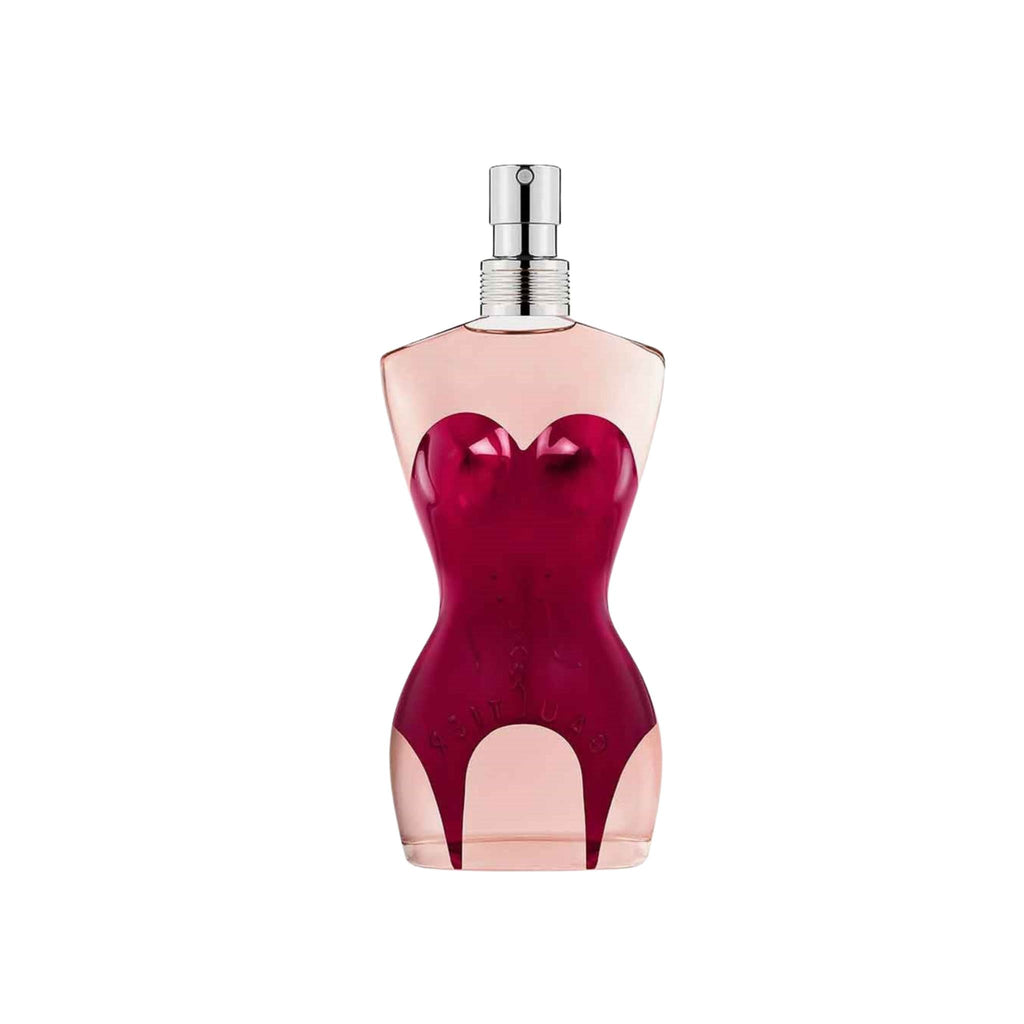 Refect Beauty Jean Paul Gaultier Classique Eau de Parfum in its iconic corset-shaped glass bottle with pink liquid.