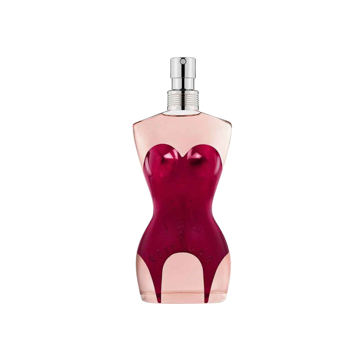 Refect Beauty Jean Paul Gaultier Classique Eau de Parfum in its iconic corset-shaped glass bottle with pink liquid.