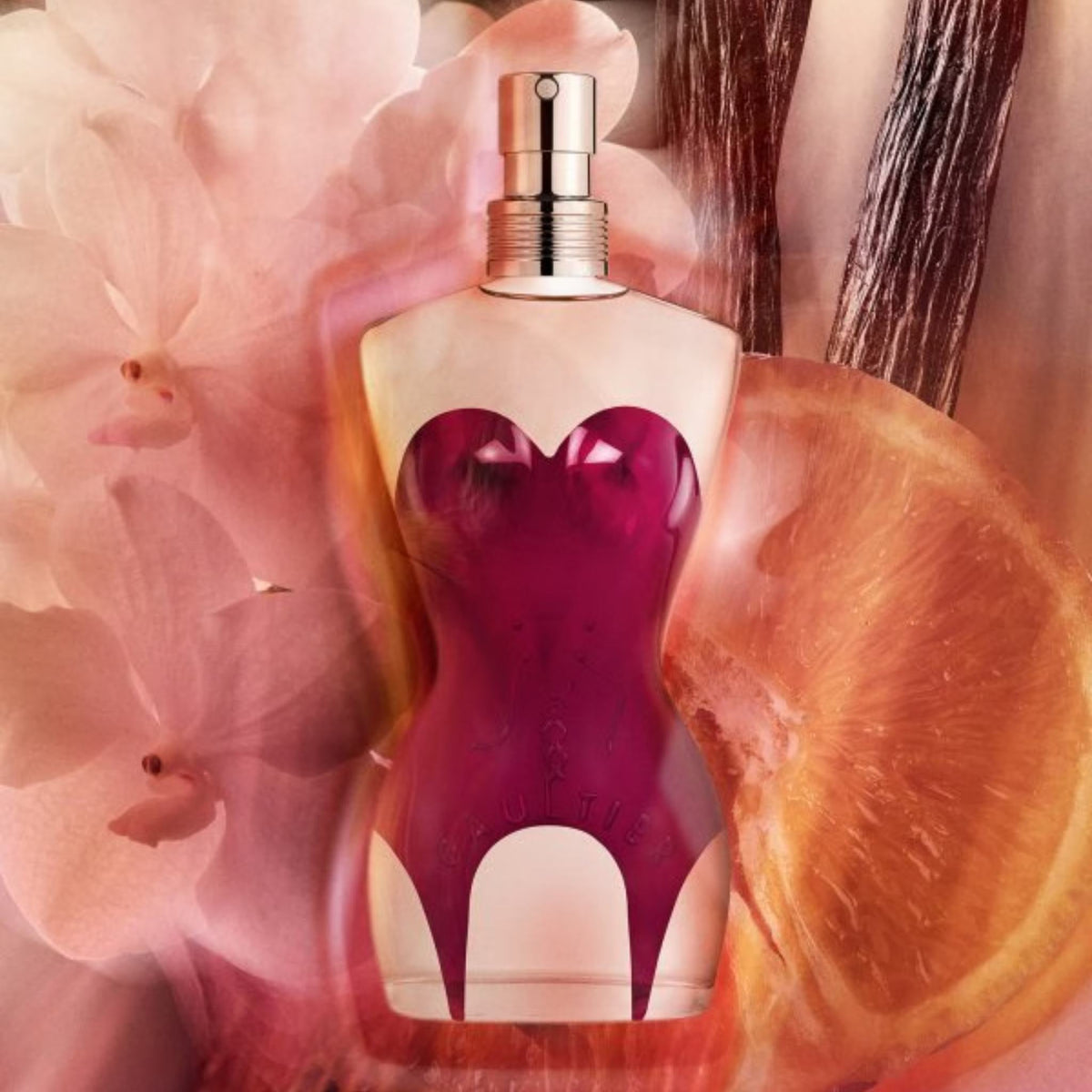 Refect Beauty Jean Paul Gaultier Classique Eau de Parfum bottle featuring a corset design surrounded by floral notes