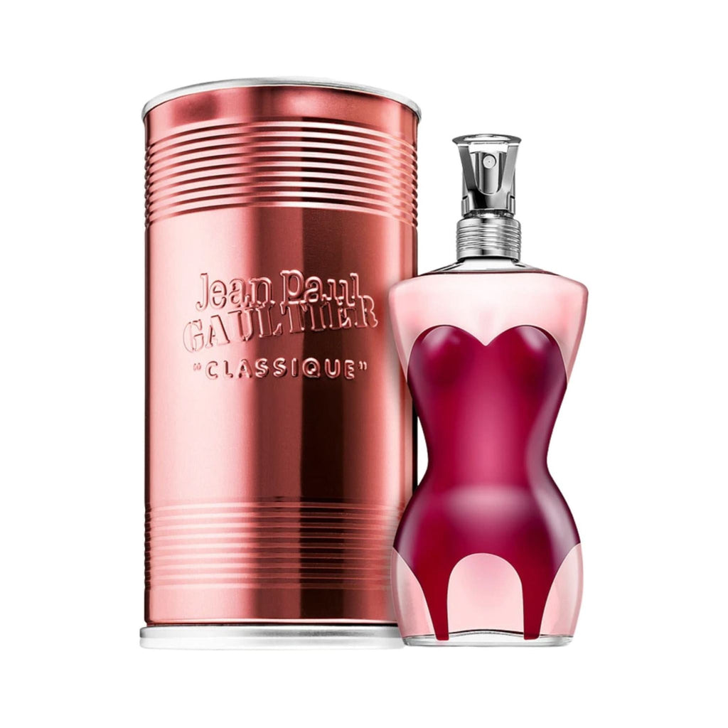 Refect Beauty Jean Paul Gaultier Classique Eau de Parfum bottle with its iconic pink metallic cylindrical tin case