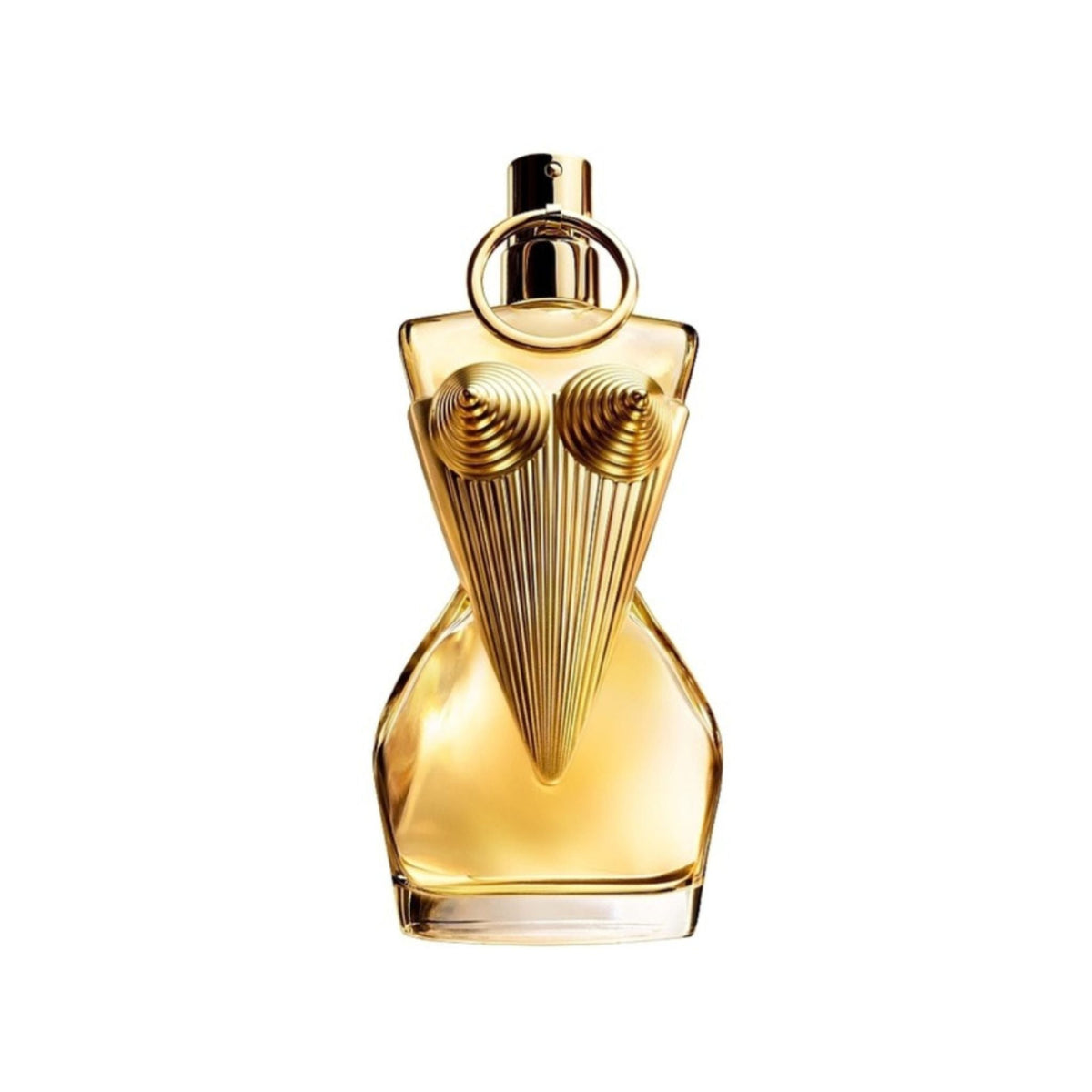Refect Beauty Jean Paul Gaultier Divine Eau de Parfum in a gold corset-shaped bottle with a ring cap.
