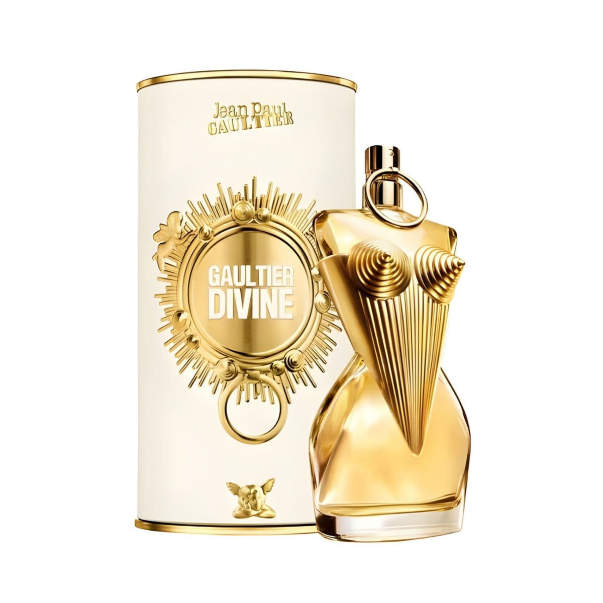 Refect Beauty Jean Paul Gaultier Divine Eau de Parfum bottle with its iconic gold corset design and matching canister.