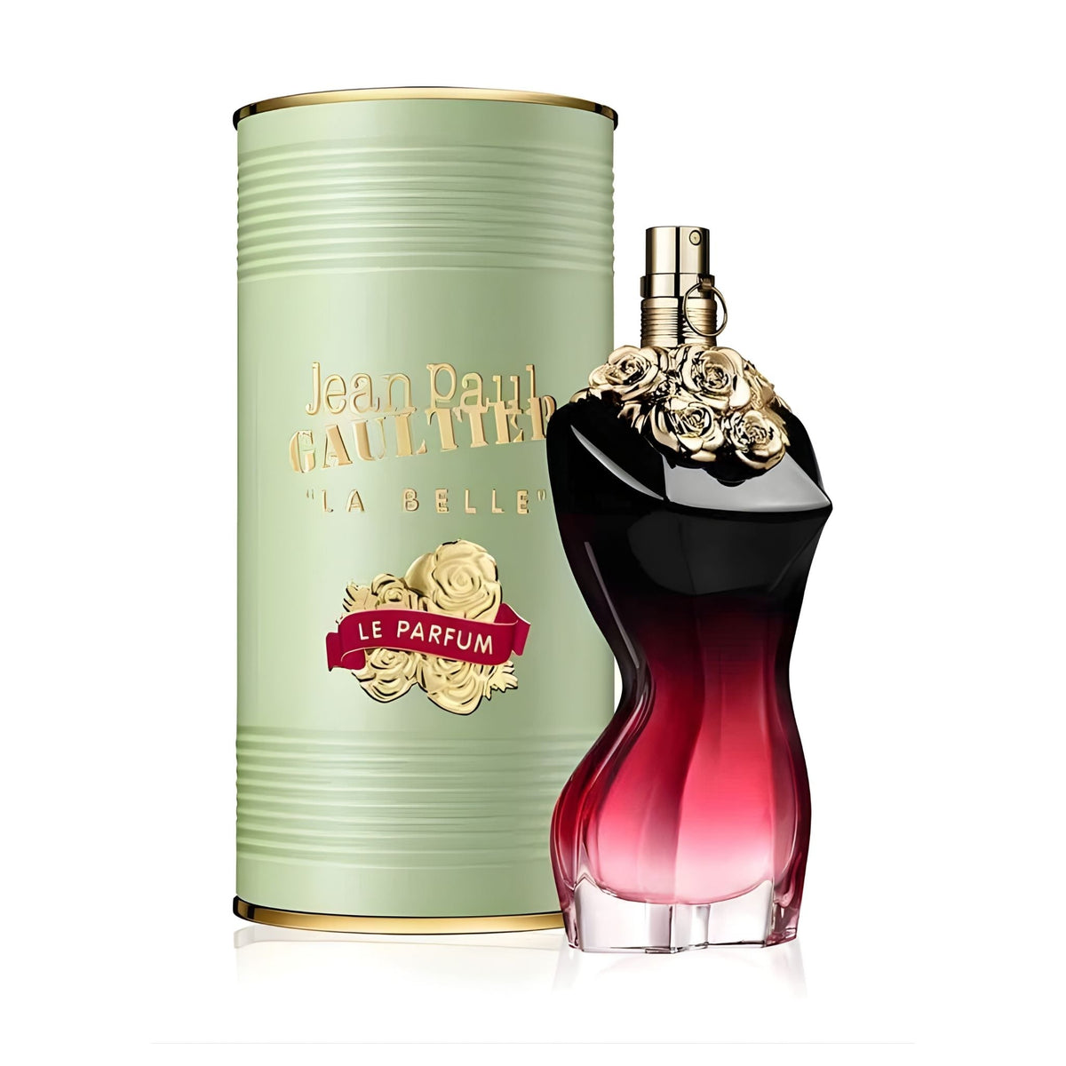 Refect Beauty Jean Paul Gaultier La Belle Le Parfum bottle with its signature light green cylindrical tin container