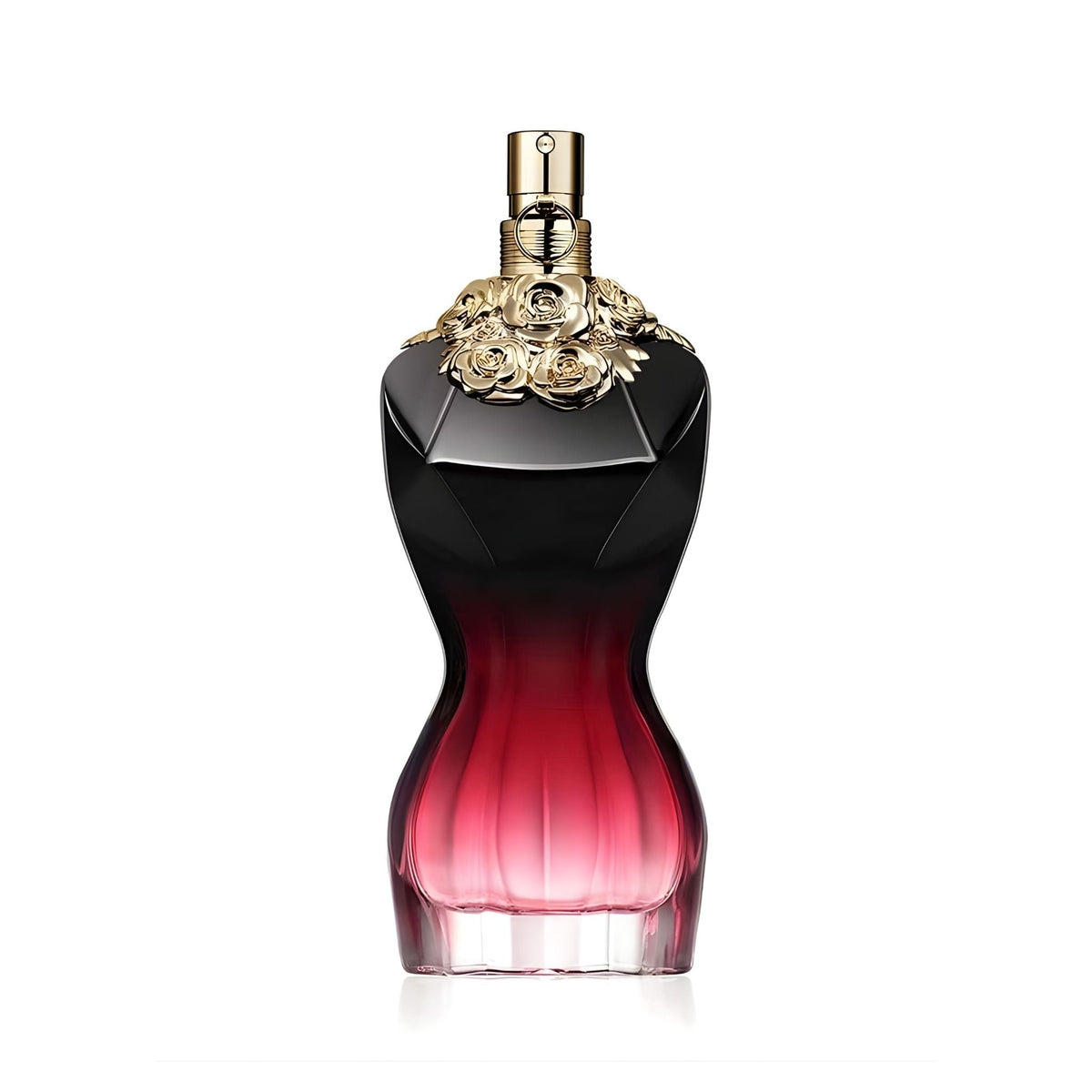 Refect Beauty Jean Paul Gaultier La Belle Le Parfum bottle with black and red ombre glass and gold rose collar