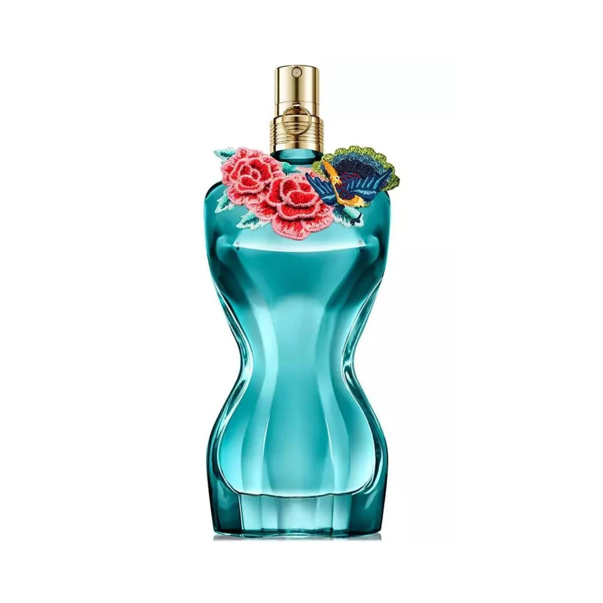 Refect Beauty Jean Paul Gaultier La Belle Paradise Garden perfume bottle with teal glass and floral embroidery