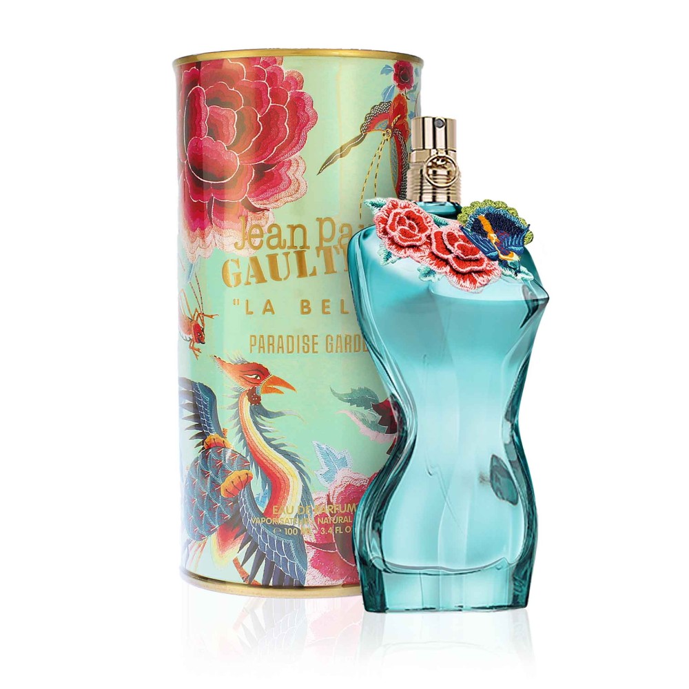 Refect Beauty Jean Paul Gaultier La Belle Paradise Garden perfume bottle with floral tin and tropical garden design