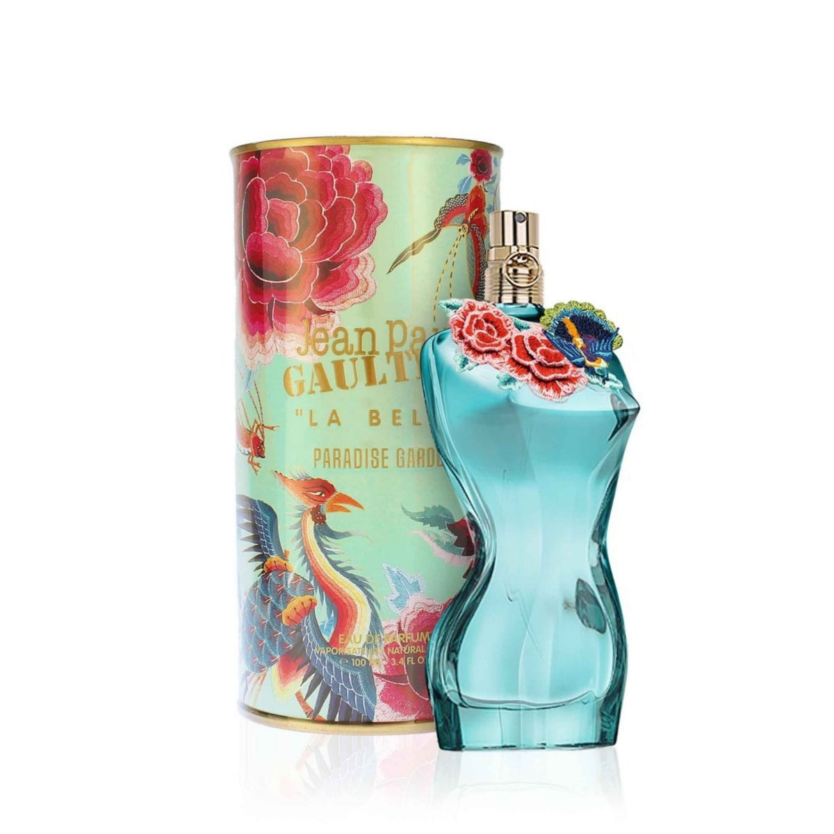 Refect Beauty Jean Paul Gaultier La Belle Paradise Garden perfume bottle with floral and bird decorated canister