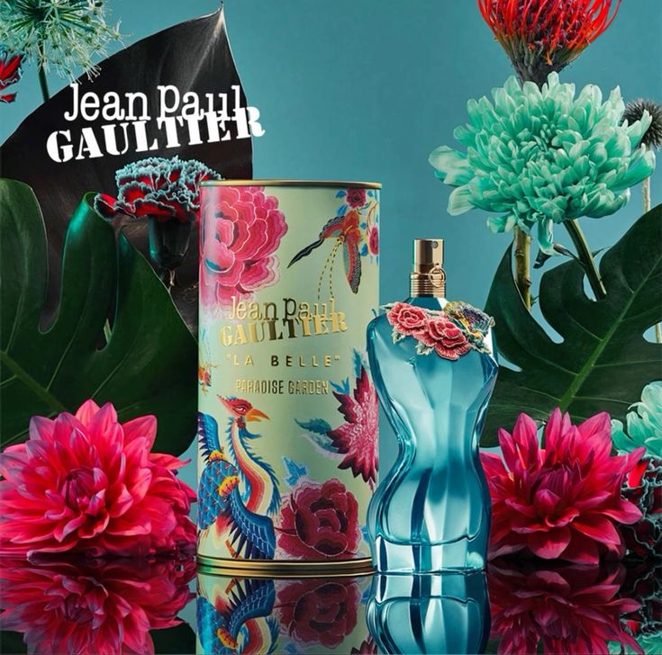 Refect Beauty Jean Paul Gaultier La Belle Paradise Garden perfume bottle and canister in a tropical floral setting.