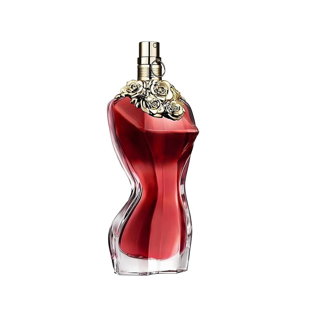 Refect Beauty Jean Paul Gaultier La Belle perfume bottle with a red glass torso shape and gold floral collar