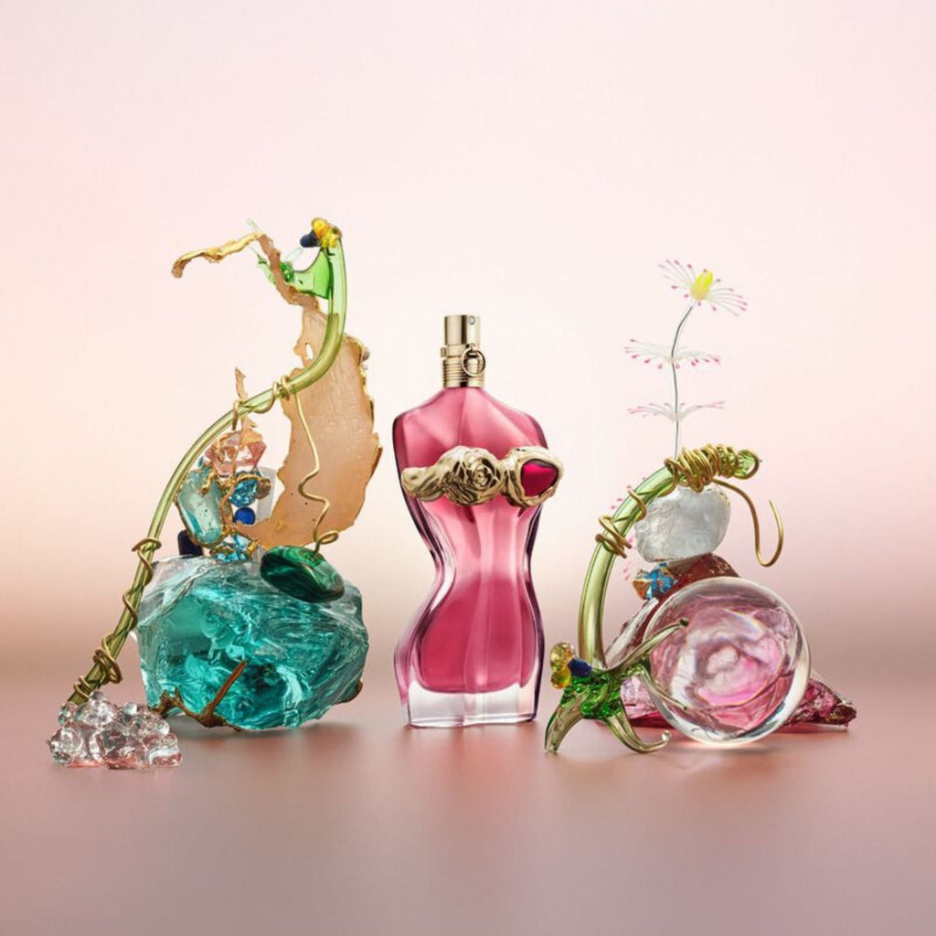 Refect Beauty Jean Paul Gaultier La Belle Rosea perfume bottle with golden rose detail surrounded by artistic crystals