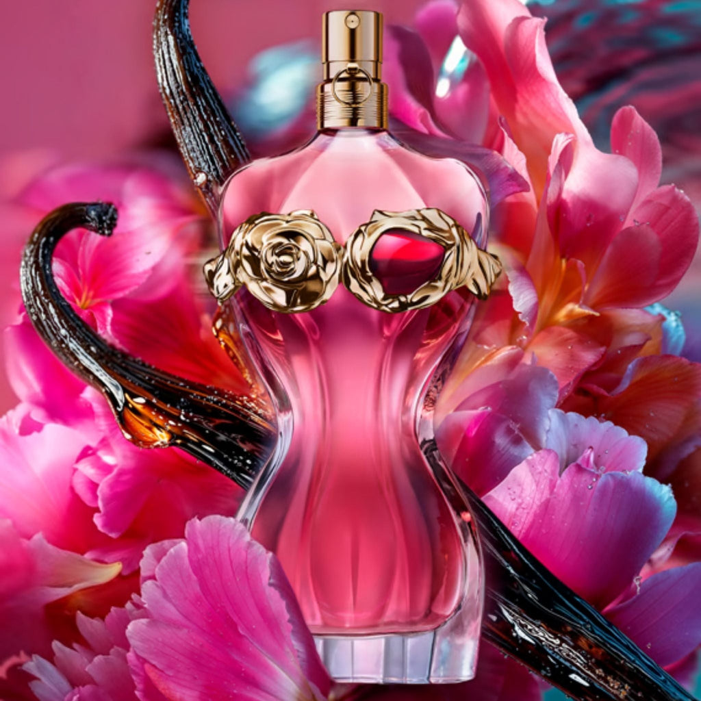 Refect Beauty Jean Paul Gaultier La Belle Rosea perfume bottle with gold rose and garnet accents amidst pink flowers