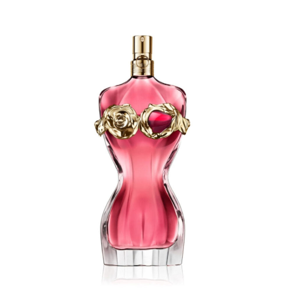 Refect Beauty Jean Paul Gaultier La Belle Rosea perfume bottle with a pink glass torso and golden rose embellishments