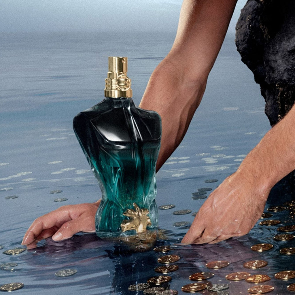 Refect Beauty Jean Paul Gaultier Le Beau Le Parfum bottle with black and green gradient torso and golden fig leaf