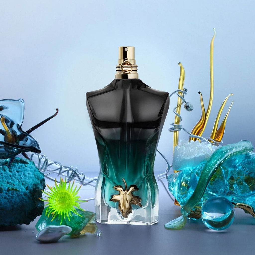 Refect Beauty Jean Paul Gaultier Le Beau Le Parfum bottle with black and green gradient torso and gold fig leaf detail
