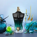 Refect Beauty Jean Paul Gaultier Le Beau Le Parfum bottle with black and green gradient torso and gold fig leaf detail