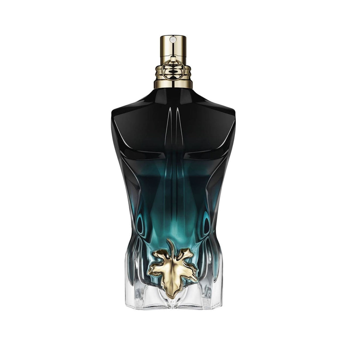 Refect Beauty Jean Paul Gaultier Le Beau Le Parfum bottle with black and green gradient torso and golden fig leaf.