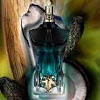 Refect Beauty Jean Paul Gaultier Le Beau Le Parfum bottle with black and green gradient torso and golden fig leaf