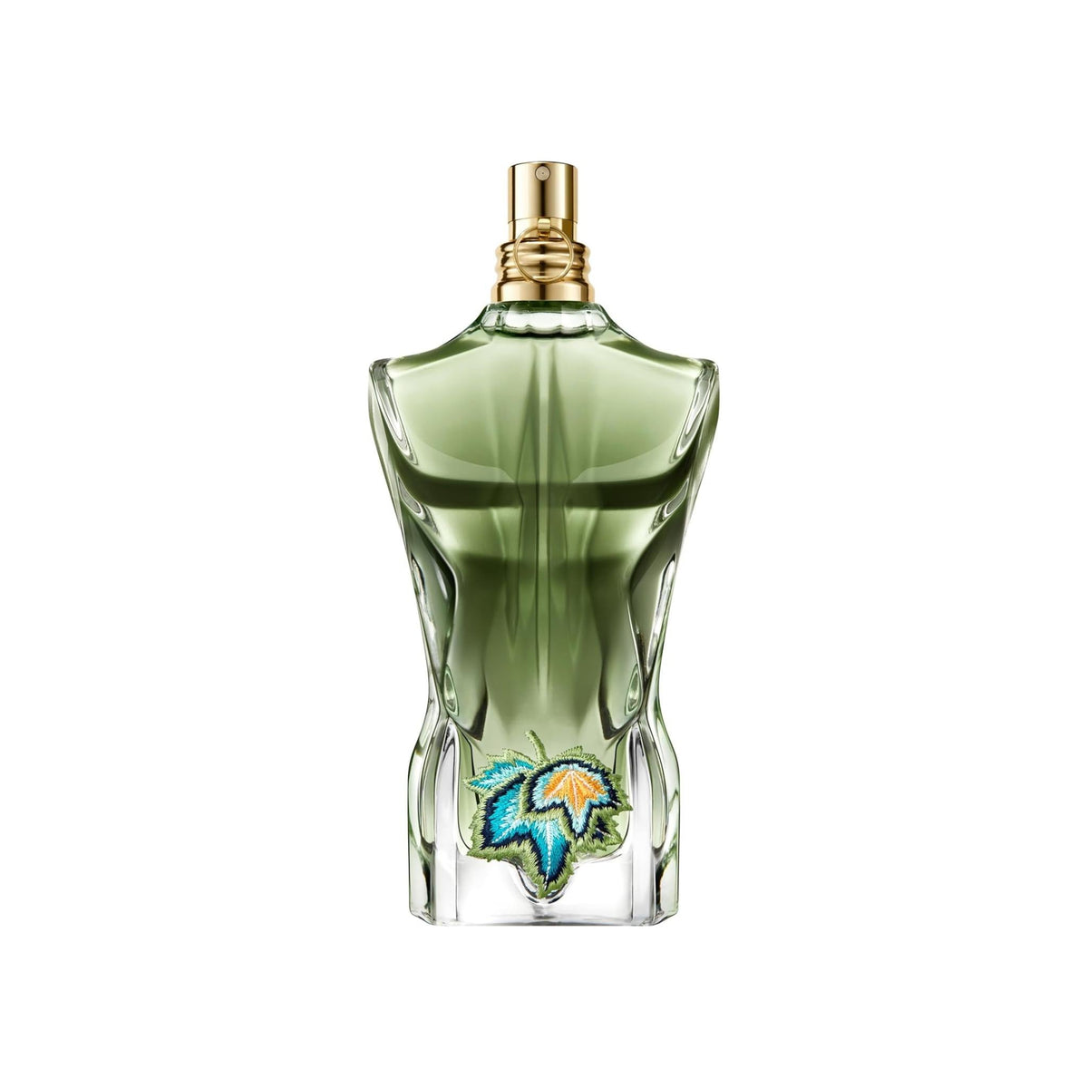 Refect Beauty Jean Paul Gaultier Le Beau Paradise Garden perfume bottle with green glass and embroidered leaf detail