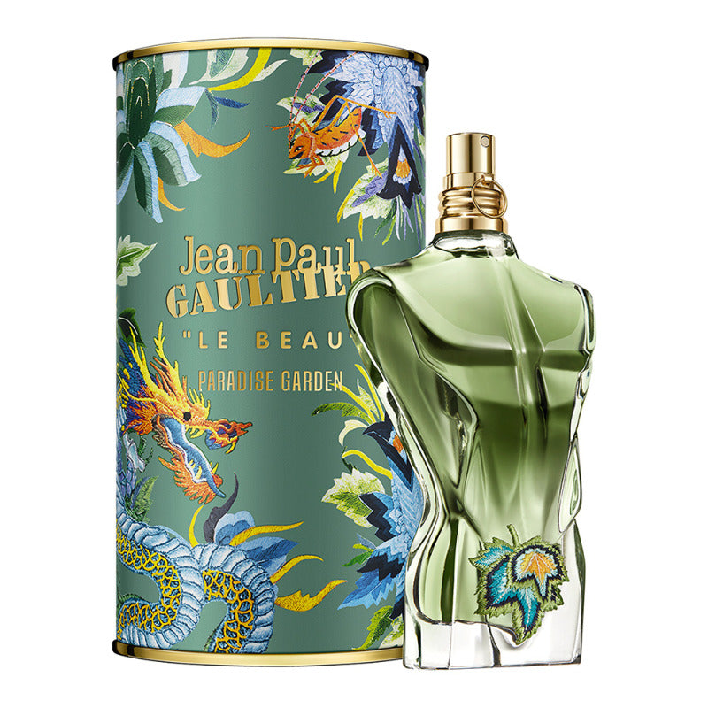 Refect Beauty Jean Paul Gaultier Le Beau Paradise Garden perfume bottle with green glass and embroidered leaf detail