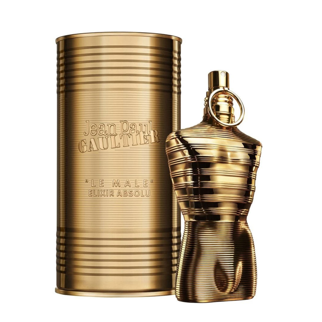 Refect Beauty Jean Paul Gaultier Le Male Elixir Absolu Parfum Intense in a metallic gold torso bottle and tin case.