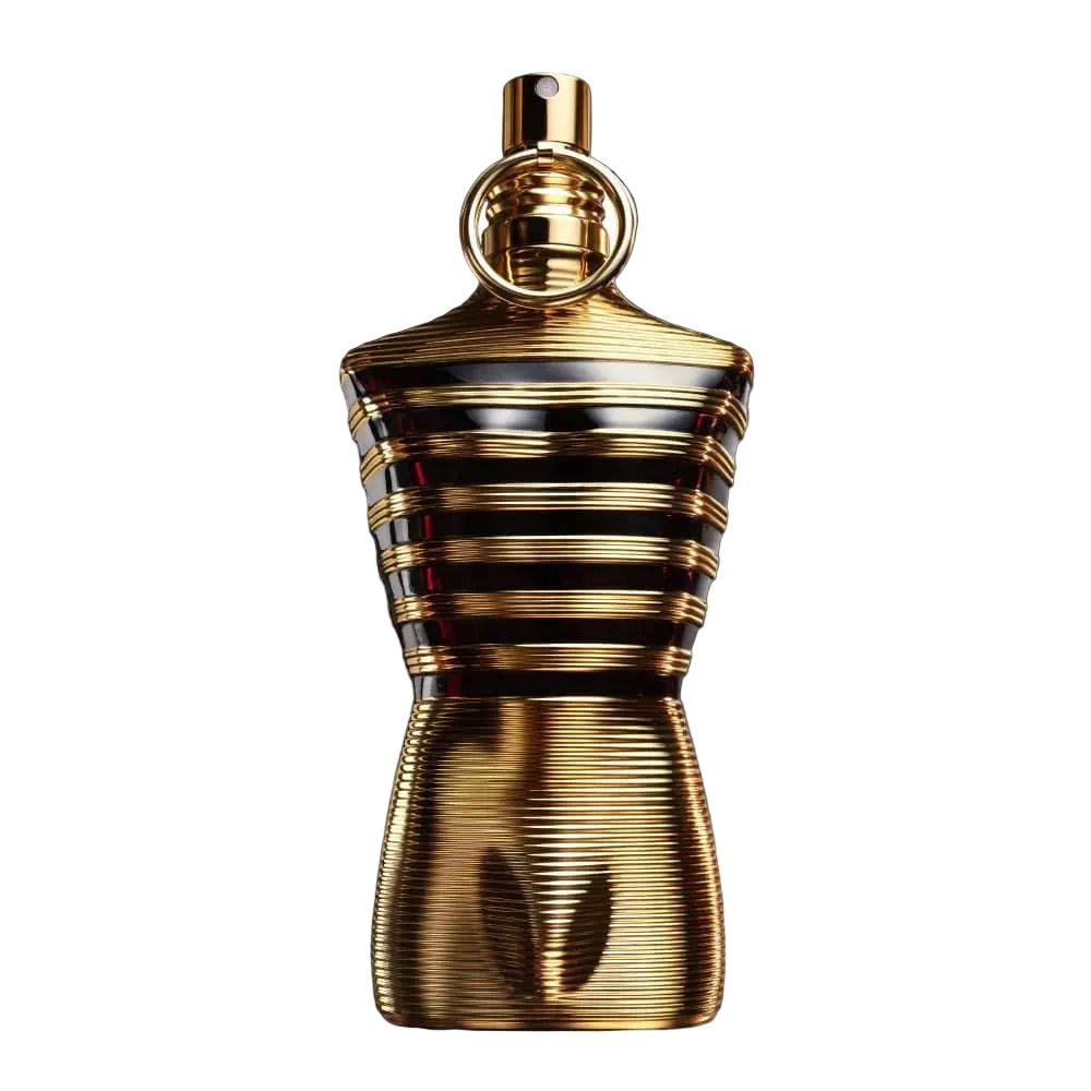 Refect Beauty Jean Paul Gaultier Le Male Elixir men's fragrance in a gold and dark brown striped torso-shaped bottle.