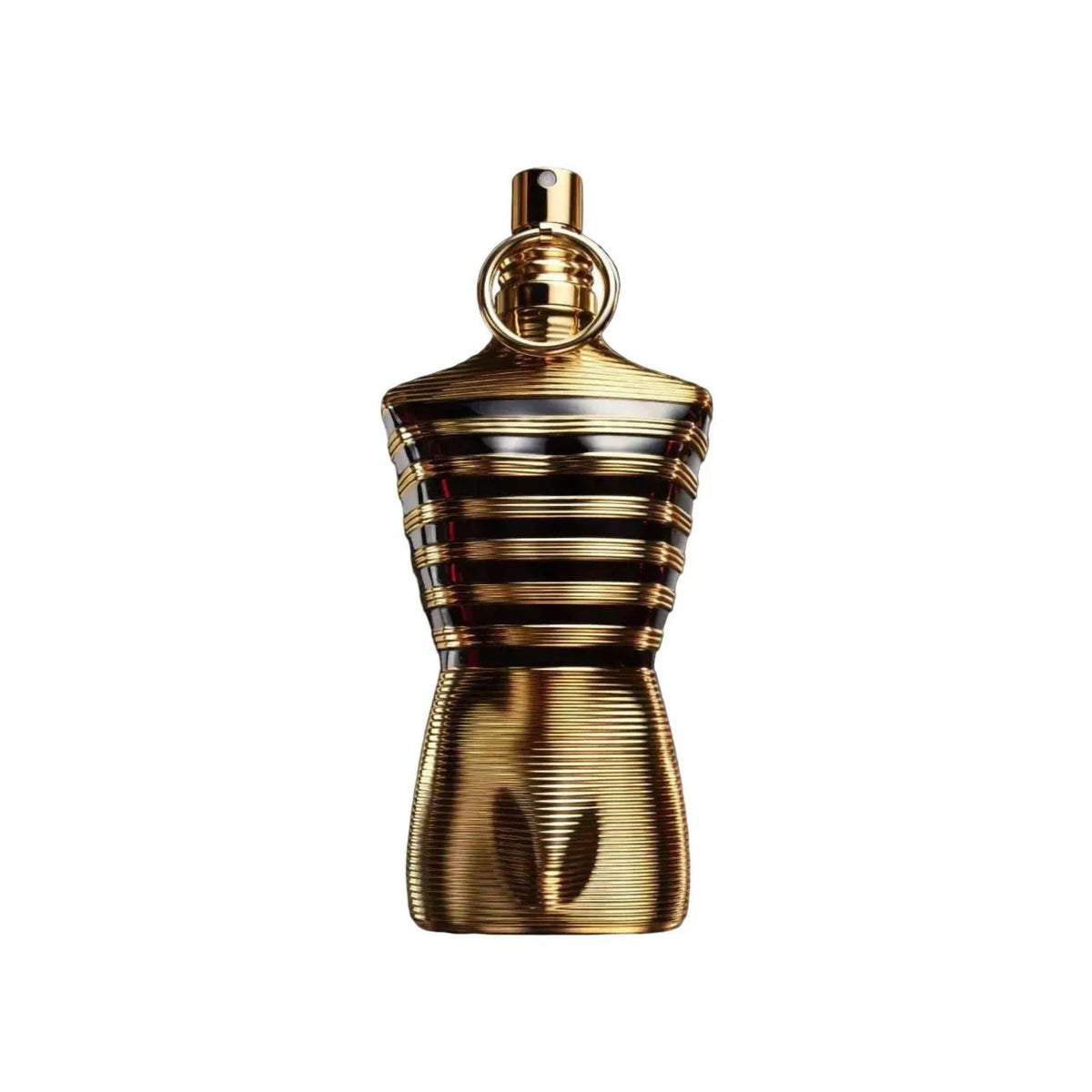 Refect Beauty Jean Paul Gaultier Le Male Elixir Eau de Parfum in a metallic gold torso-shaped bottle with stripes.
