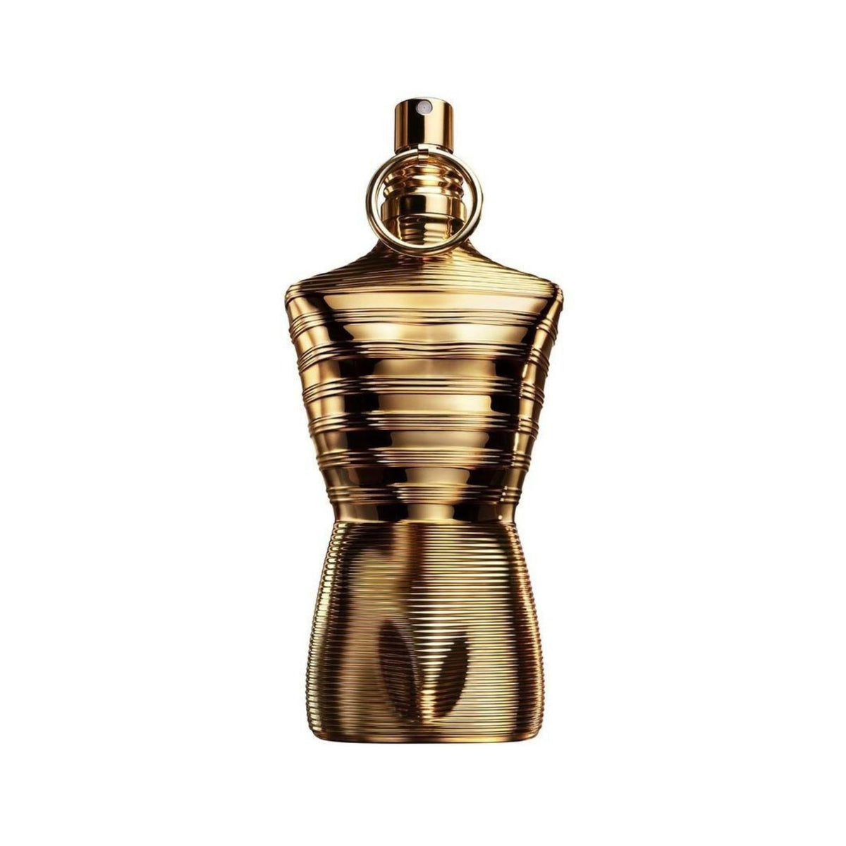 Refect Beauty Jean Paul Gaultier Le Male Elixir Absolu parfum bottle in a metallic gold torso-shaped design.