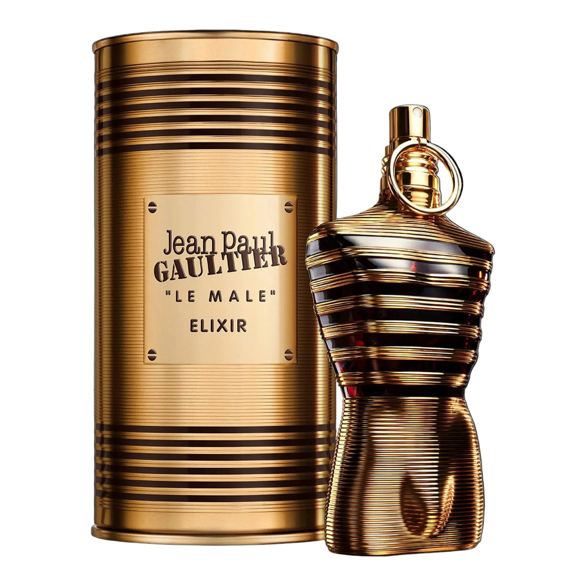 Refect Beauty Jean Paul Gaultier Le Male Elixir Eau de Parfum in a gold torso-shaped bottle with matching metal tin.