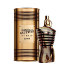 Refect Beauty Jean Paul Gaultier Le Male Elixir Parfum in a gold torso-shaped bottle with matching cylindrical tin.