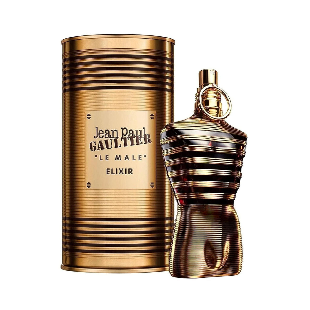 Refect Beauty Jean Paul Gaultier Le Male Elixir Parfum in a gold torso-shaped bottle with matching cylindrical tin.