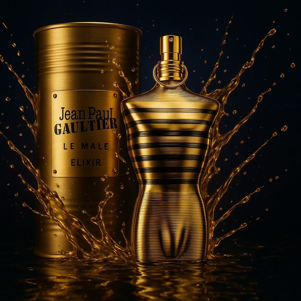 Refect Beauty Jean Paul Gaultier Le Male Elixir Parfum bottle in gold with matching canister and liquid splash effect