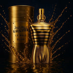 Refect Beauty Jean Paul Gaultier Le Male Elixir Parfum bottle in gold with matching canister and liquid splash effect