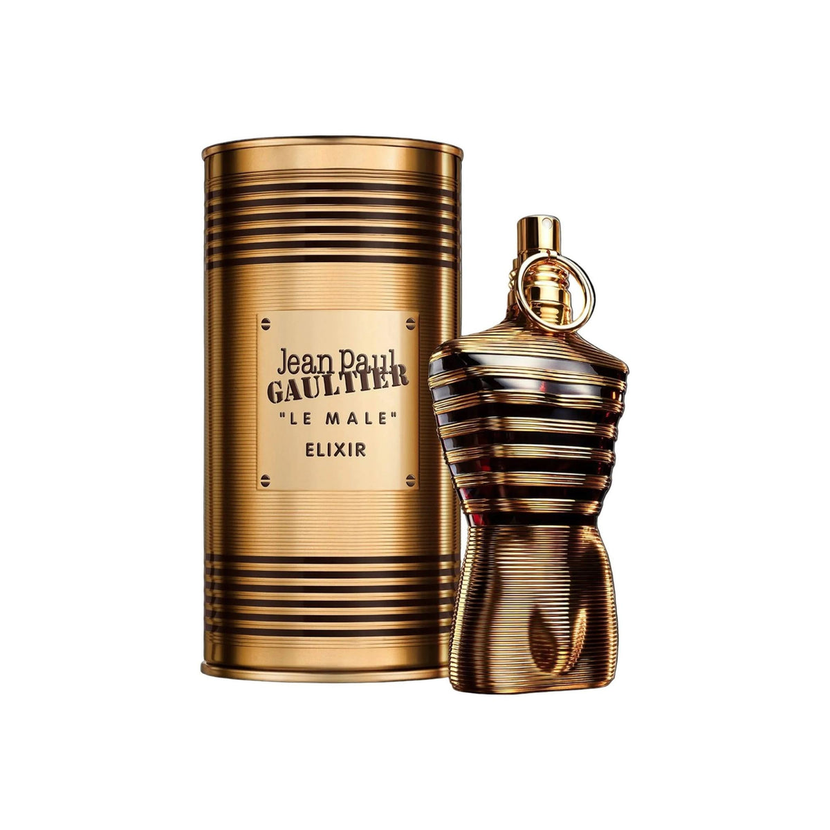 Refect Beauty Jean Paul Gaultier Le Male Elixir Eau de Parfum in a gold torso-shaped bottle with matching metal tin.