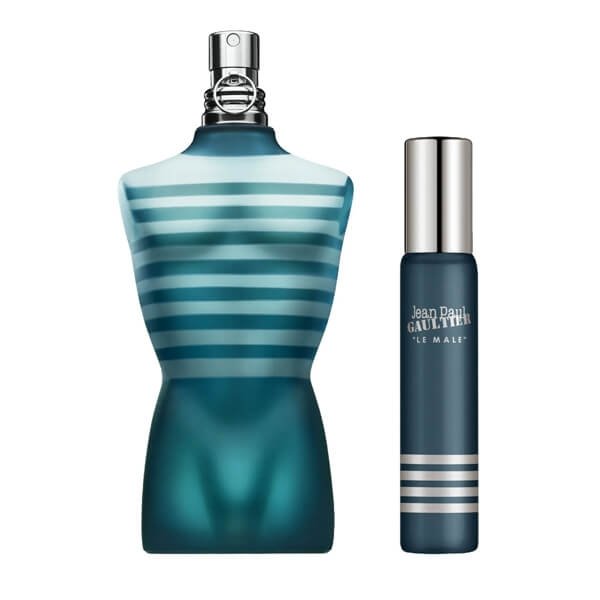 Refect Beauty Jean Paul Gaultier Le Male gift set featuring a torso-shaped 125ml bottle and a 20ml travel spray.