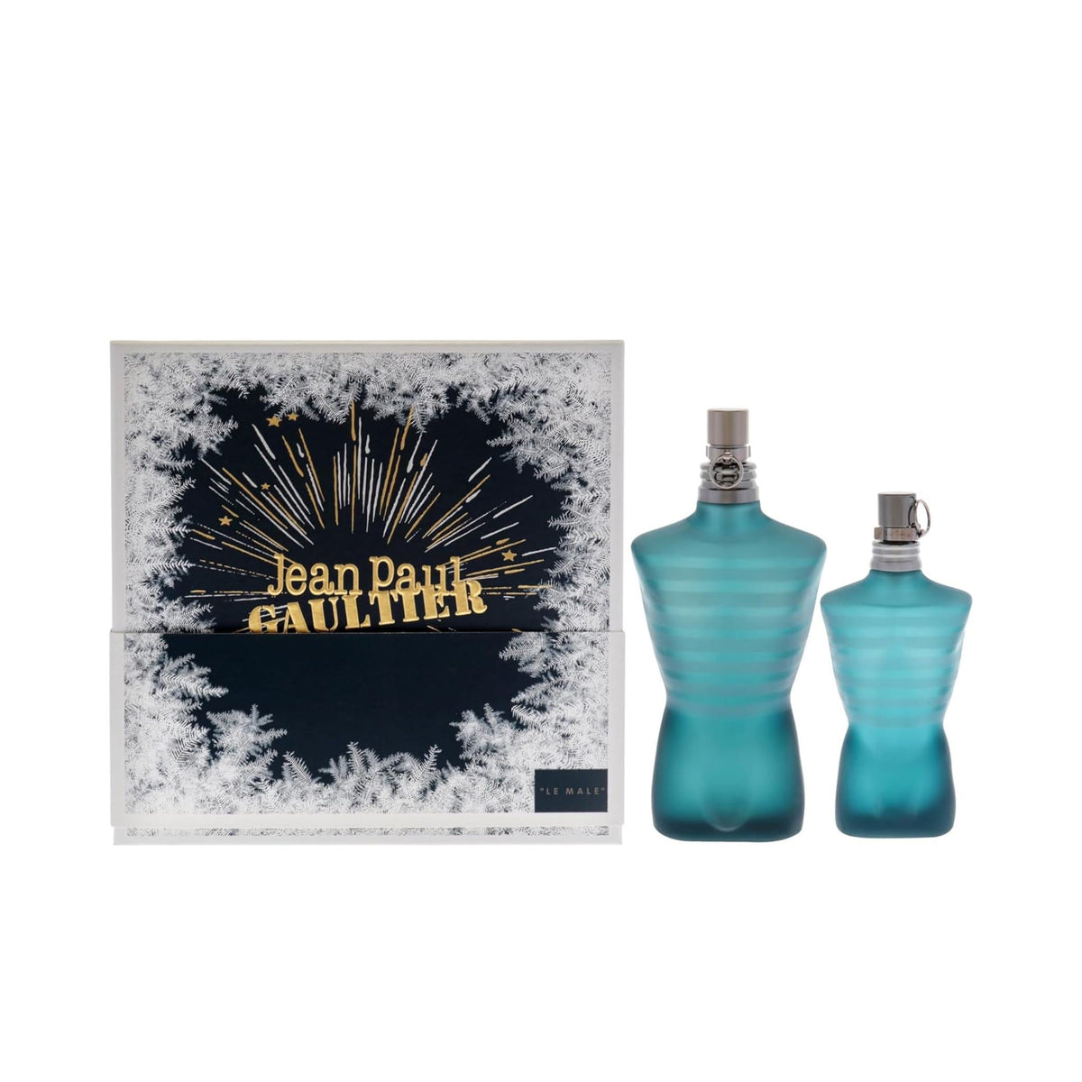 Refect Beauty Jean Paul Gaultier Le Male gift set featuring a 100ml and 40ml torso-shaped bottle in a festive box.
