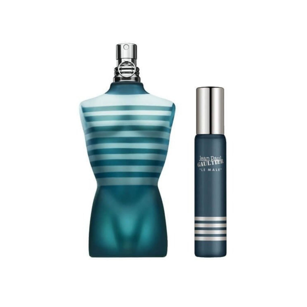 Refect Beauty Jean Paul Gaultier Le Male gift set featuring a torso-shaped bottle and a travel-size fragrance spray.