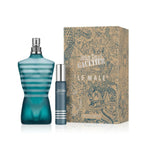 Refect Beauty Jean Paul Gaultier Le Male gift set featuring a torso-shaped bottle, travel spray, and illustrated box.