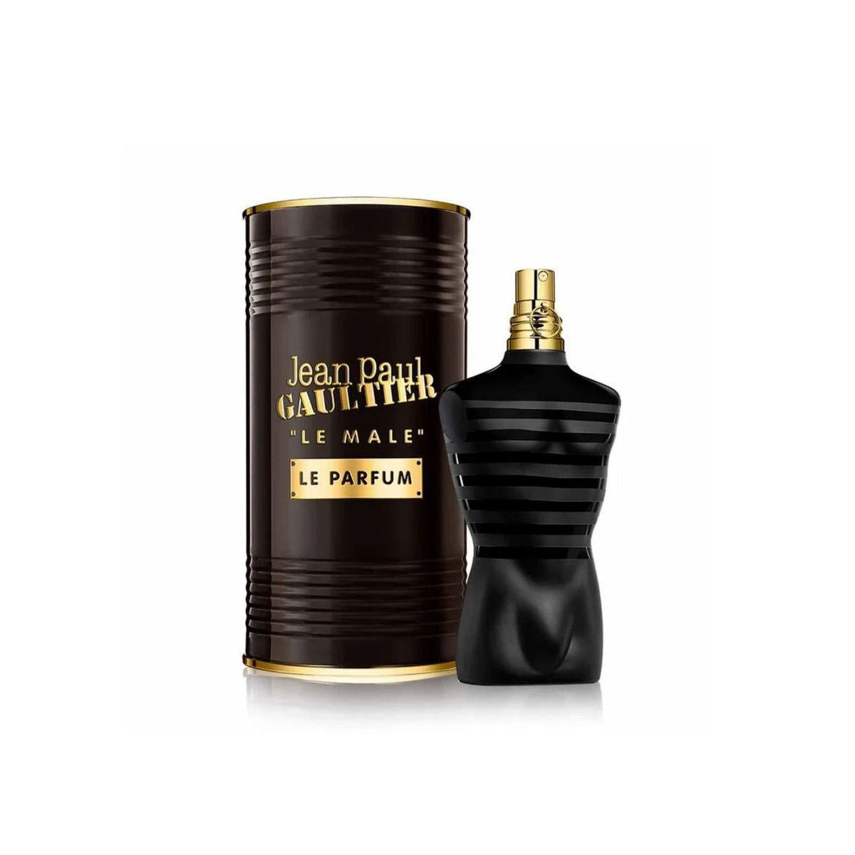 Refect Beauty Jean Paul Gaultier Le Male Le Parfum bottle and iconic black metal canister with gold lettering