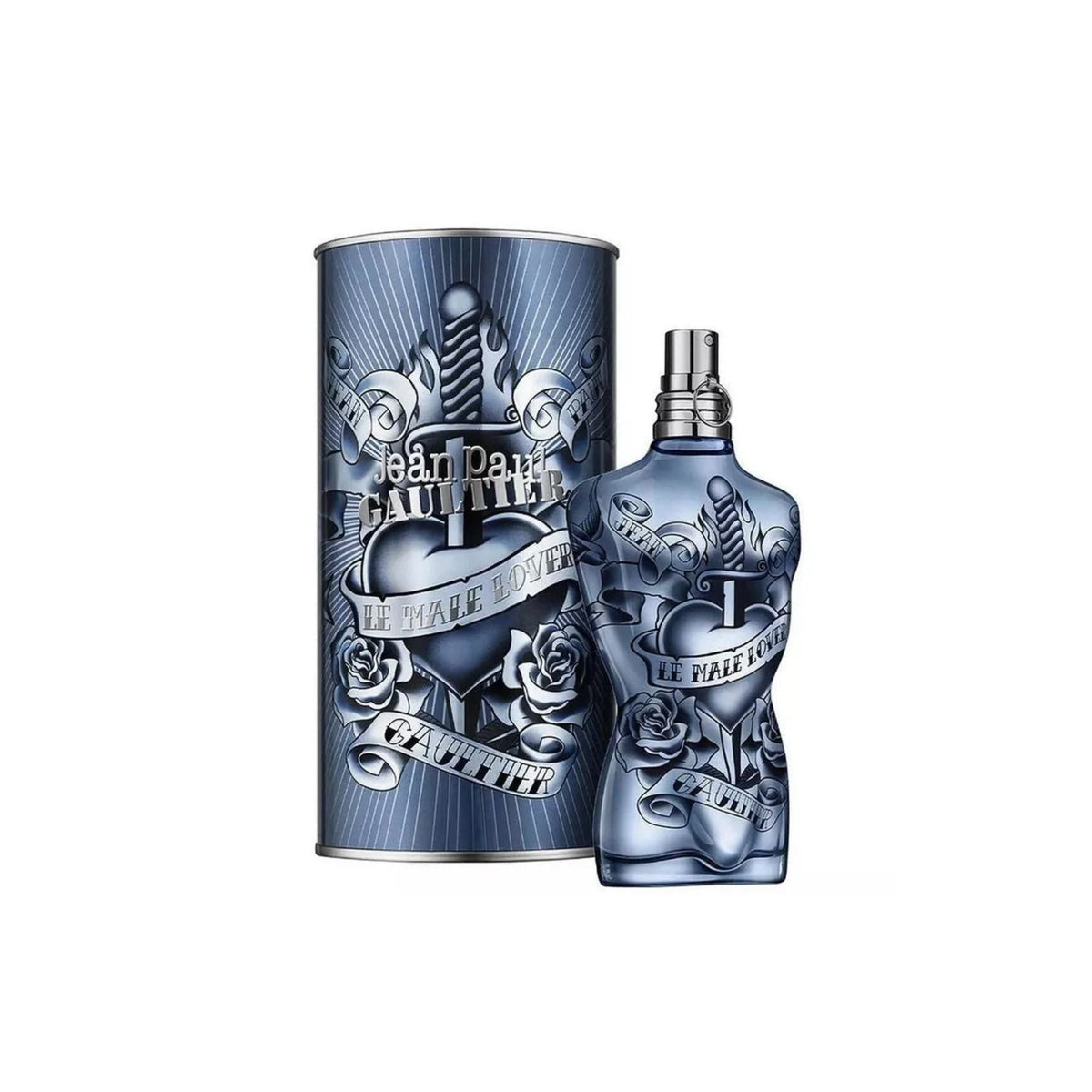 Refect Beauty Jean Paul Gaultier Le Male Lover Eau de Parfum bottle and matching cylindrical tin with tattoo art