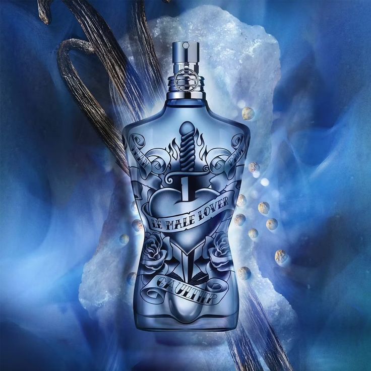 Refect Beauty Jean Paul Gaultier Le Male Lover Eau de Parfum in a blue glass bottle with heart and dagger tattoo art