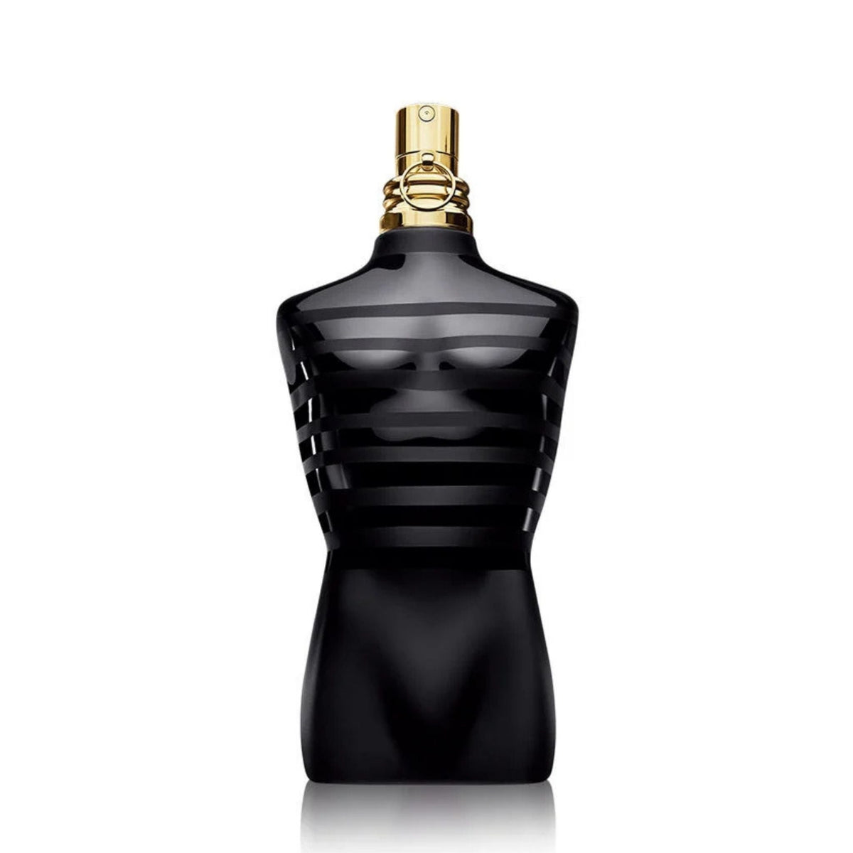 Refect Beauty Jean Paul Gaultier Le Male Eau de Parfum in a black torso-shaped bottle with gold accents and sailor stripes