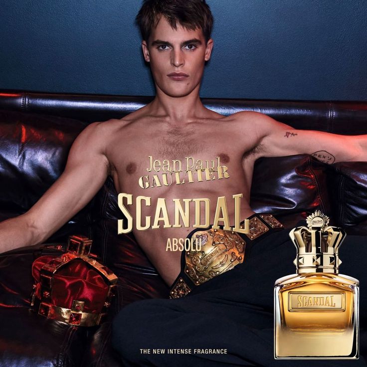 Refect Beauty campaign featuring a model with a Jean Paul Gaultier Scandal Absolu gold perfume bottle and crown