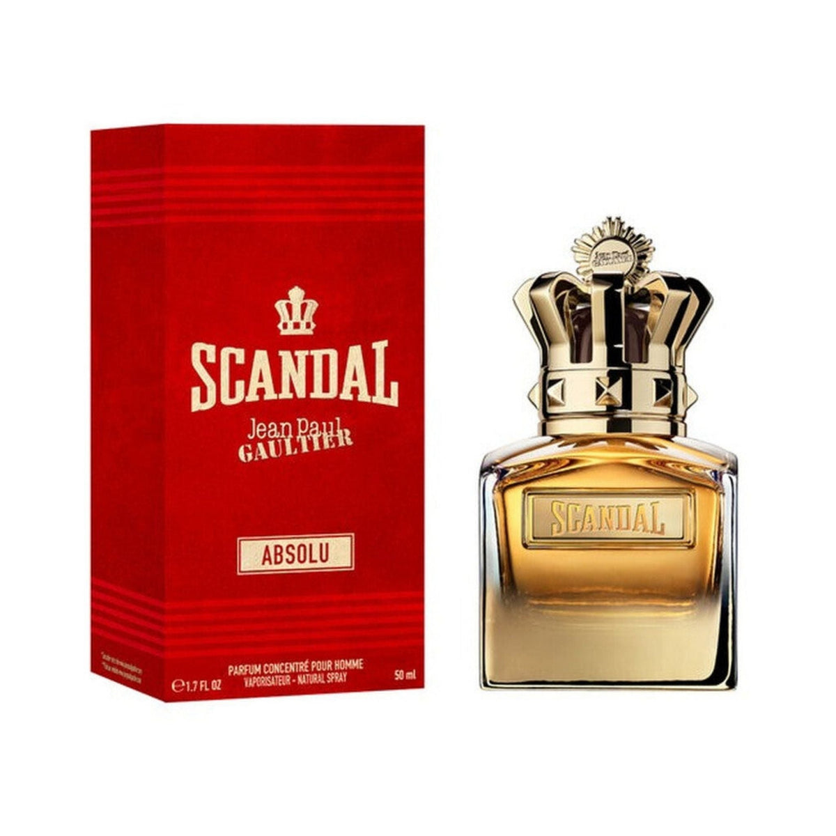 Refect Beauty Jean Paul Gaultier Scandal Absolu Pour Homme parfum bottle with gold crown cap and red box packaging